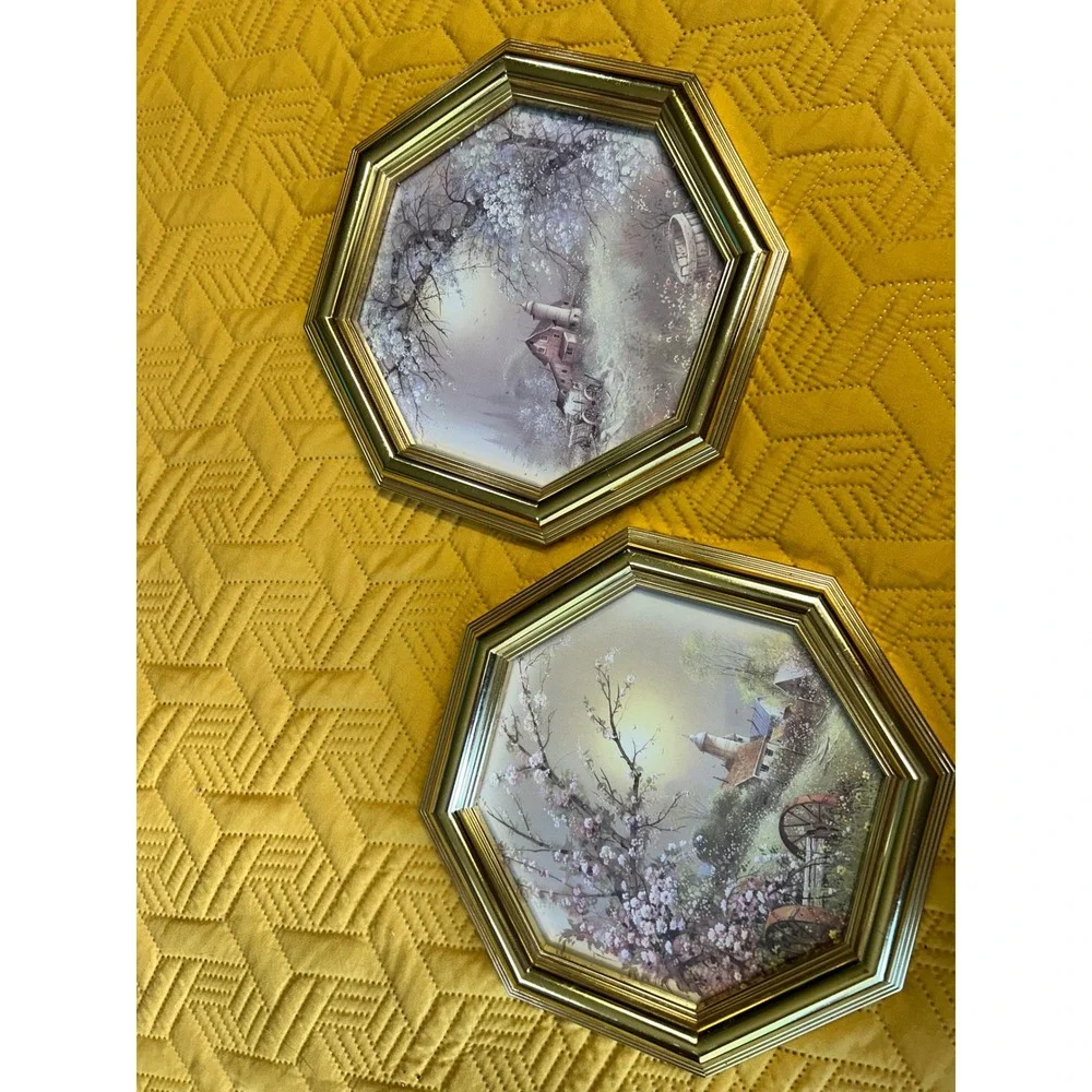 Vintage Homco Syroco Octagon Gold Framed Country Landscape Prints - Set of 2